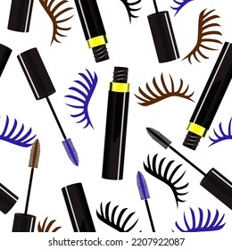 Seamless mascara pattern black,brown,blue and eyelashes on a white background.Vector pattern for textiles,cosmetics packaging,backgrounds.