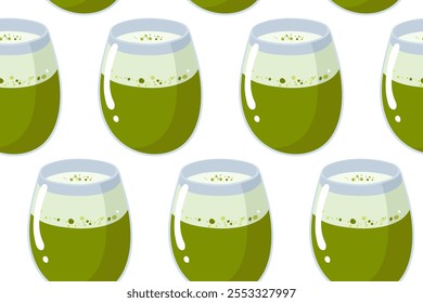 Padrão de matcha uniforme. Chá matcha verde. Matcha latte bebida saudável.Vários produtos de chá feitos de matcha. Cultura japonesa do chá. ilustração na moda colorida com vetor desenhado à mão. 