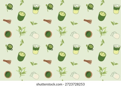 Nahtloses Matcha-Muster mit Latte Art, Teeblättern, Whisk und Iced Matcha auf weichgrünem Hintergrund
