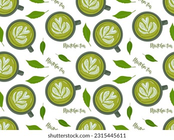 Seamless Matcha Tea pattern. Traditional japanese healthy drink. Matcha tea lettering, green leaves, mug. Vector flat repeated background for wallpaper, wrapping, packing, textile. Japanese drink