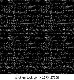 Seamless math black board with handwritten mathematical and physics formulas and proves. Vector 