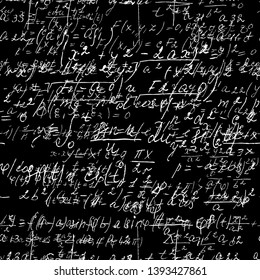 Seamless math black board with handwritten mathematical and physics formulas and proves. Vector 