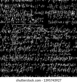 Seamless math black board with handwritten mathematical and physics formulas and proves. Vector 