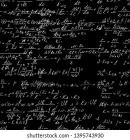 Seamless math black board with handwritten mathematical and physics formulas and proves. Vector 