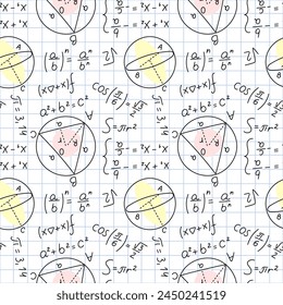 Seamless math formulas pattern. School equations. Geometric diagrams and drawings on piece of notebook in cage. Mathematical education. Algebra calculations. Garish