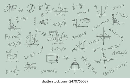 Nahtloser mathematischer Hintergrund verfügt über Gleichungen, Grafiken und geometrische Formen in Schwarz vor einem grünen Hintergrund, ideal für pädagogische und wissenschaftliche Designs, Lehrbücher, Präsentationen. EPS 10