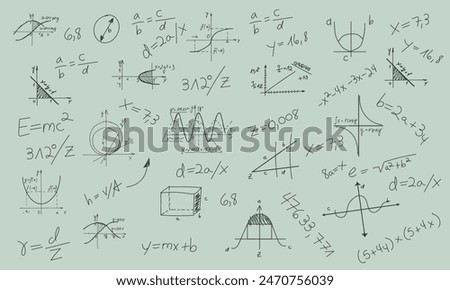 seamless mathematical background features equations, graphs, and geometric shapes in black against a green background, perfect for educational and scientific designs, textbooks, presentations. EPS 10