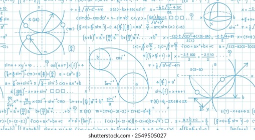 Seamless mathematical formulas and curves on white background.