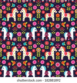 Seamless Matryoshka folklore pony illustration retro horse pattern background in vector