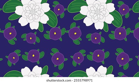 seamless maximalist floral pattern featuring vibrant purple snowdrop flowers with white highlights, lush green leaves, and an elegant arrangement. Snowdrops, Hellebores, and White Camellias.