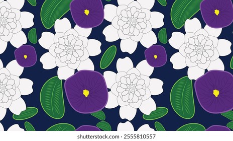 a seamless maximalist floral pattern featuring vibrant purple snowdrop flowers with white highlights, lush green leaves, and an elegant arrangement. Snowdrops, Hellebores, and White Camellias.