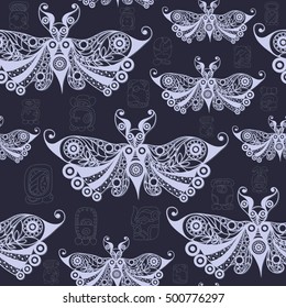 Seamless Maya art boho pattern with bat. Ethnic print. Aztec background texture. Fabric, cloth design, wallpaper, wrapping, packaging. Vector illustration.