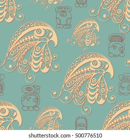 Seamless Maya art boho pattern with eagle. Ethnic print. Aztec background texture. Fabric, cloth design, wallpaper, wrapping, packaging. Vector illustration.