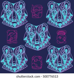 Seamless Maya art boho pattern with bear. Ethnic print. Aztec background texture. Fabric, cloth design, wallpaper, wrapping, packaging. Vector illustration.