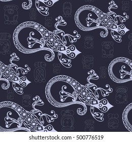 Seamless Maya art boho pattern with lizard. Ethnic print. Aztec background texture. Fabric, cloth design, wallpaper, wrapping, packaging. Vector illustration.