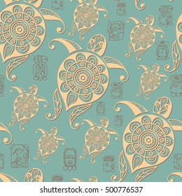 Seamless Maya art boho pattern with turtle (tortoise, terrapin). Ethnic print. Aztec background texture. Fabric, cloth design, wallpaper, wrapping, packaging. Vector illustration.