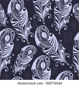Seamless Maya art boho pattern with feathers. Ethnic print. Aztec background texture. Fabric, cloth design, wallpaper, wrapping, packaging. Vector illustration.