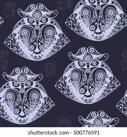Seamless Maya art boho pattern with monkey (ape, simian). Ethnic print. Aztec background texture. Fabric, cloth design, wallpaper, wrapping, packaging. Vector illustration.