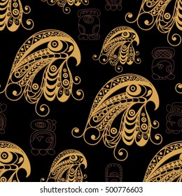 Seamless Maya art boho pattern with eagle. Ethnic print. Aztec background texture. Fabric, cloth design, wallpaper, wrapping, packaging. Vector illustration.