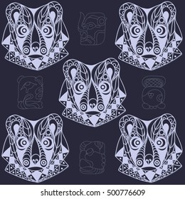 Seamless Maya art boho pattern with bear. Ethnic print. Aztec background texture. Fabric, cloth design, wallpaper, wrapping, packaging. Vector illustration.