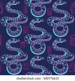 Seamless Maya art boho pattern with snake. Ethnic print. Aztec background texture. Fabric, cloth design, wallpaper, wrapping, packaging. Vector illustration.