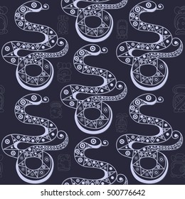 Seamless Maya art boho pattern with snake. Ethnic print. Aztec background texture. Fabric, cloth design, wallpaper, wrapping, packaging. Vector illustration.