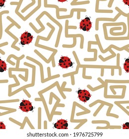 Seamless maze pattern with cute ladybugs. Labyrinth and ladybirds vector illustration.