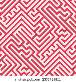 Seamless maze pattern. Labyrinth of red diagonal lines on a white background. Geometric retro design. Decorative vector illustration for fabric, textile, wrapping, and print.