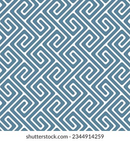 Seamless maze pattern. Regular labyrinth made of blue diagonal lines on a white background. Geometric retro design. Decorative vector image for fabric, textile, wallpaper, wrapping, and print.