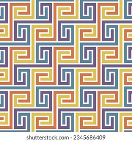 Seamless maze pattern. Regular labyrinth made of interlocking blue, orange, yellow, and purple lines on a white background. Geometric striped retro design. Decorative vector illustration.