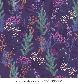 Seamless meadow florals pattern with many kind of flowers and berries blooming in winter mood ,Design for fashion , fabric, web,wallpaper ,web, wrapping and all prints on violet background color