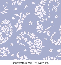 Seamless meadow flowers pattern. Small daisy silhouettes forming Paisley shapes. Minimalist floral print made of tiny wildflowers and roses. Nature spring motif.