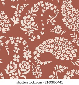 Seamless meadow flowers pattern. Small daisy silhouettes forming Paisley shapes. Minimalist floral print made of tiny wildflowers and roses. Nature spring motif.