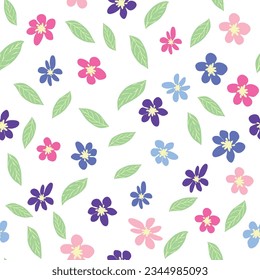 Patrón pradera sin foco con flores de color rosa, lavanda, azul, manzanilla y hojas. Infantil, femenino, gentil