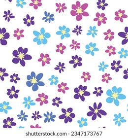 Patrón pradera sin foco con flores de color rosa, lavanda, azul, manzanilla y hojas. Infantil, femenino, gentil