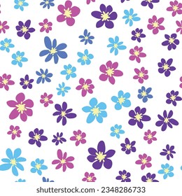 Patrón pradera sin foco con flores de color rosa, lavanda, azul, manzanilla y hojas. Infantil, femenino, gentil