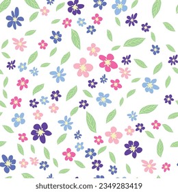 Patrón pradera sin foco con flores de color rosa, lavanda, azul, manzanilla y hojas. Infantil, femenino, gentil