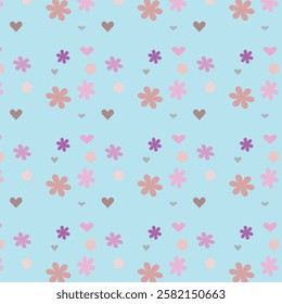 Seamless meadow pattern with flowers with pink lavender blue purple chamomile flower and leaves Childish feminine gentle