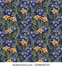 Seamless meadow pattern with tansy, sage and forget-me-not