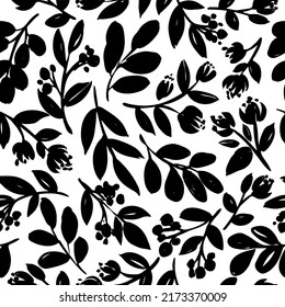 Seamless meadow plants vector pattern. Hand drawn brush painted branches. Black botanical ornament. Various silhouette branches with leaves and small flowers. Seamless background with bold leaves.