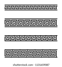 Seamless meander patterns on white background. Meandros, a decorative border, made of continuous lines, shaped into a repeated motif. Also Greek fret or Greek key. Black and white illustration. Vector