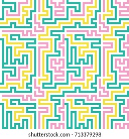 Seamless meandering  lines, technology background, 80-s style, geometric print in yellow, green and pink color, digital vector illustration