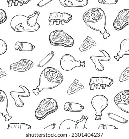 Seamless meat doodle pattern with a black and white color suitable for the background