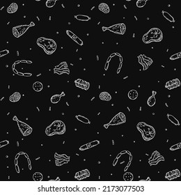 Patrón de carne sin foco. Fondo de carne en blanco y negro. Ilustración vectorial de Doodle con iconos de productos cárnicos