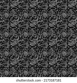 Seamless meat pattern. Black and white meat background. Doodle vector illustration with meat products icons