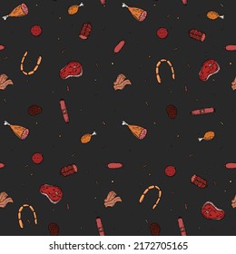 Seamless meat pattern. Colored meat background. Doodle vector illustration with meat products icons