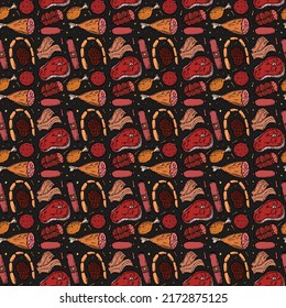 Seamless meat pattern. Colored meat background. Doodle vector illustration with meat products icons