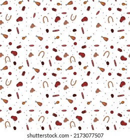 Seamless meat pattern. Colored meat background. Doodle vector illustration with meat products icons