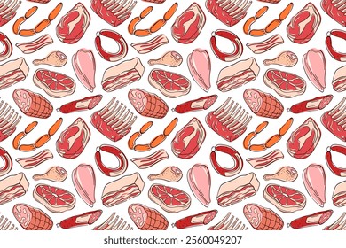 Seamless meat pattern with different cuts in flat style. Ideal for butcher shop design, restaurant menu, culinary project or background in food related illustration.