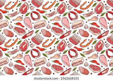 Seamless meat pattern in flat style with different meats on a white background. Steak, sausage, ribs and vegetable. Perfect for culinary project, packaging or restaurant menu.